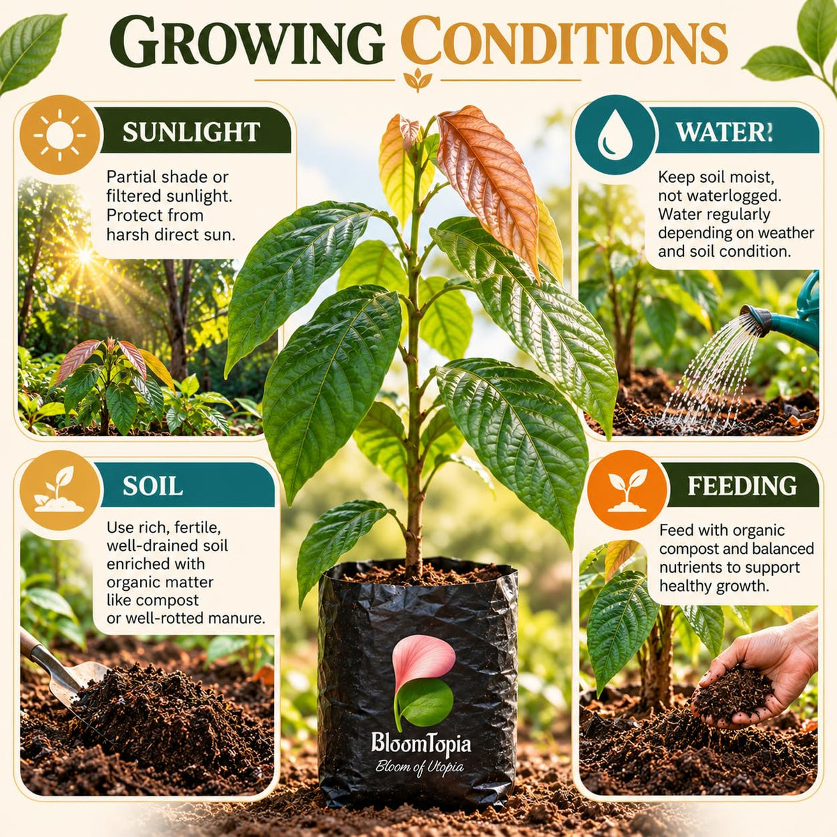 Sunlight, water, soil and feeding guide for Cocoa.