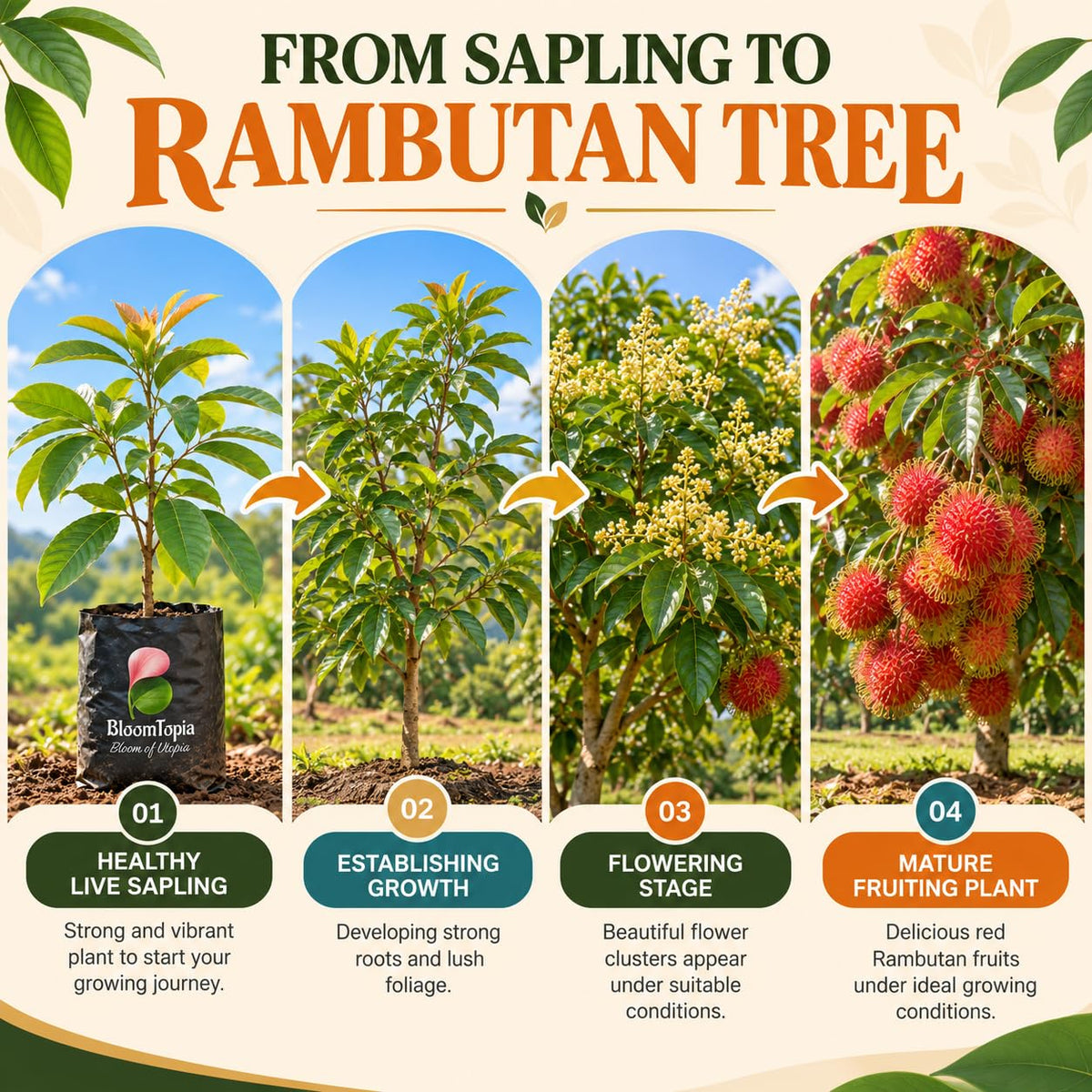 Illustrated rambutan plant growth stages.