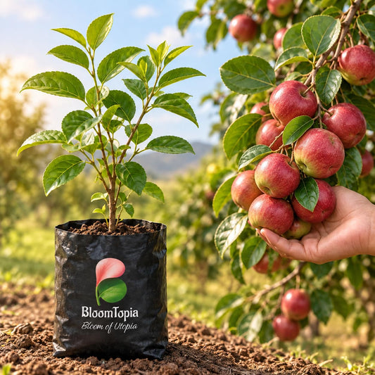 Illustration of a Ball Sundari Apple Ber Fruit sapling in a nursery bag beside mature plant growth.