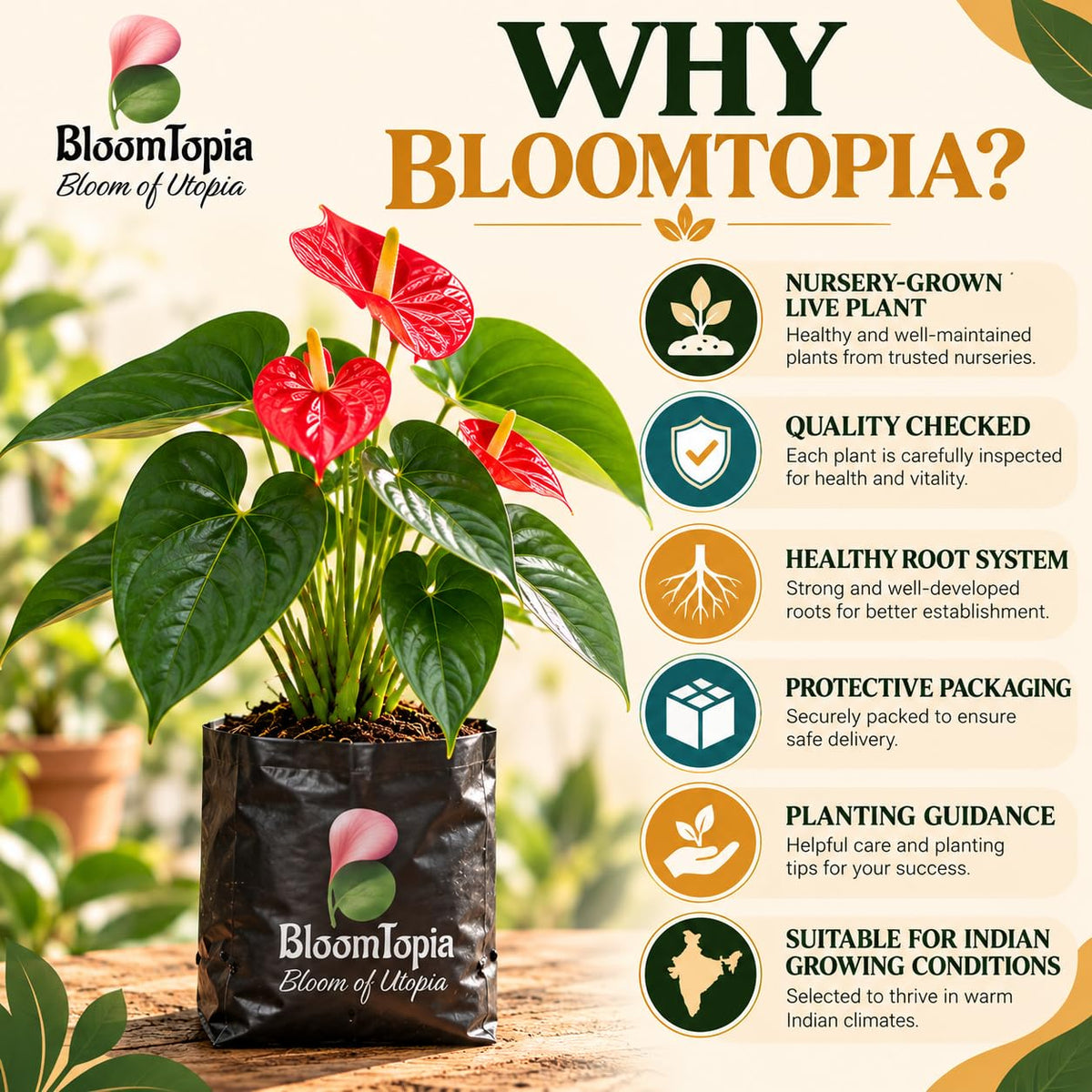 BloomTopia plant-handling and brand-information panel featuring Anthurium Red.