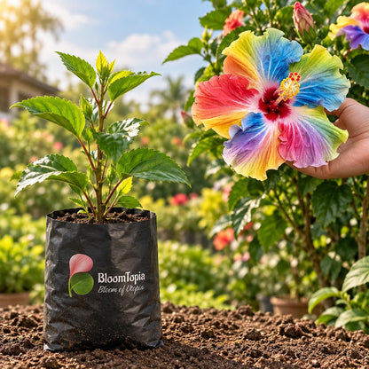 Illustration comparing young Hibiscus nursery growth with a mature plant.