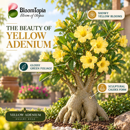 Illustration of mature Yellow Adenium Desert Rose Bonsai features with variety callouts.