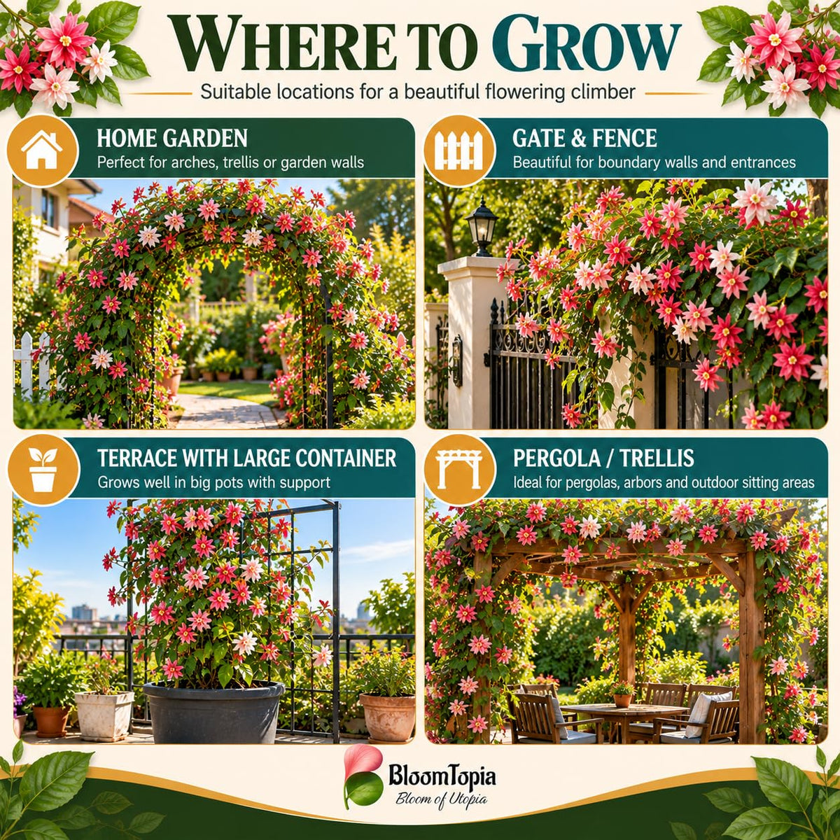 Illustrated growing locations for Double Petal Madhumalti Rangoon Creeper.