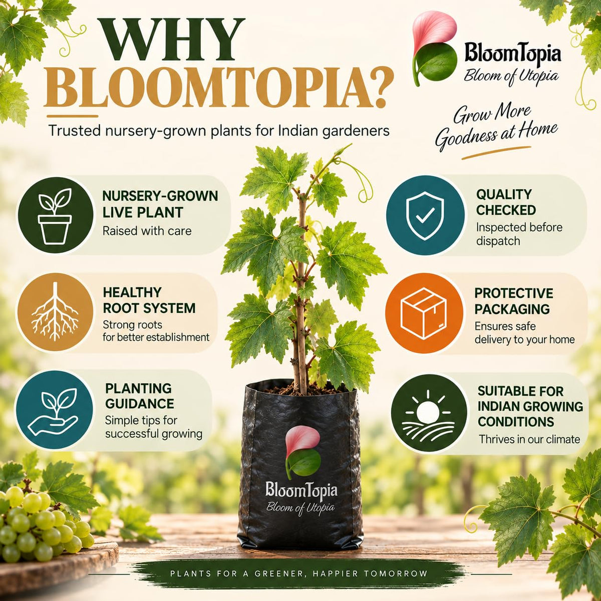 BloomTopia plant-handling and brand-information panel featuring Green Grapes (Angur) Vine.