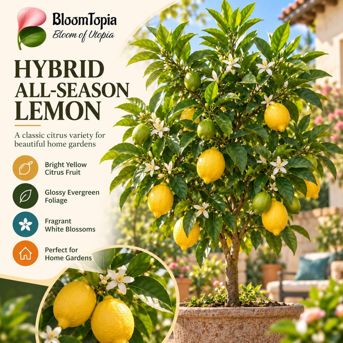 Illustration of mature Hybrid All-Season Lemon features with variety callouts.