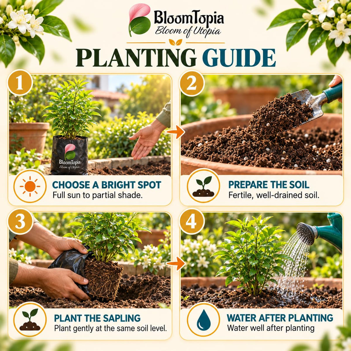 Step-by-step planting illustration for Kamini (Orange Jasmine).