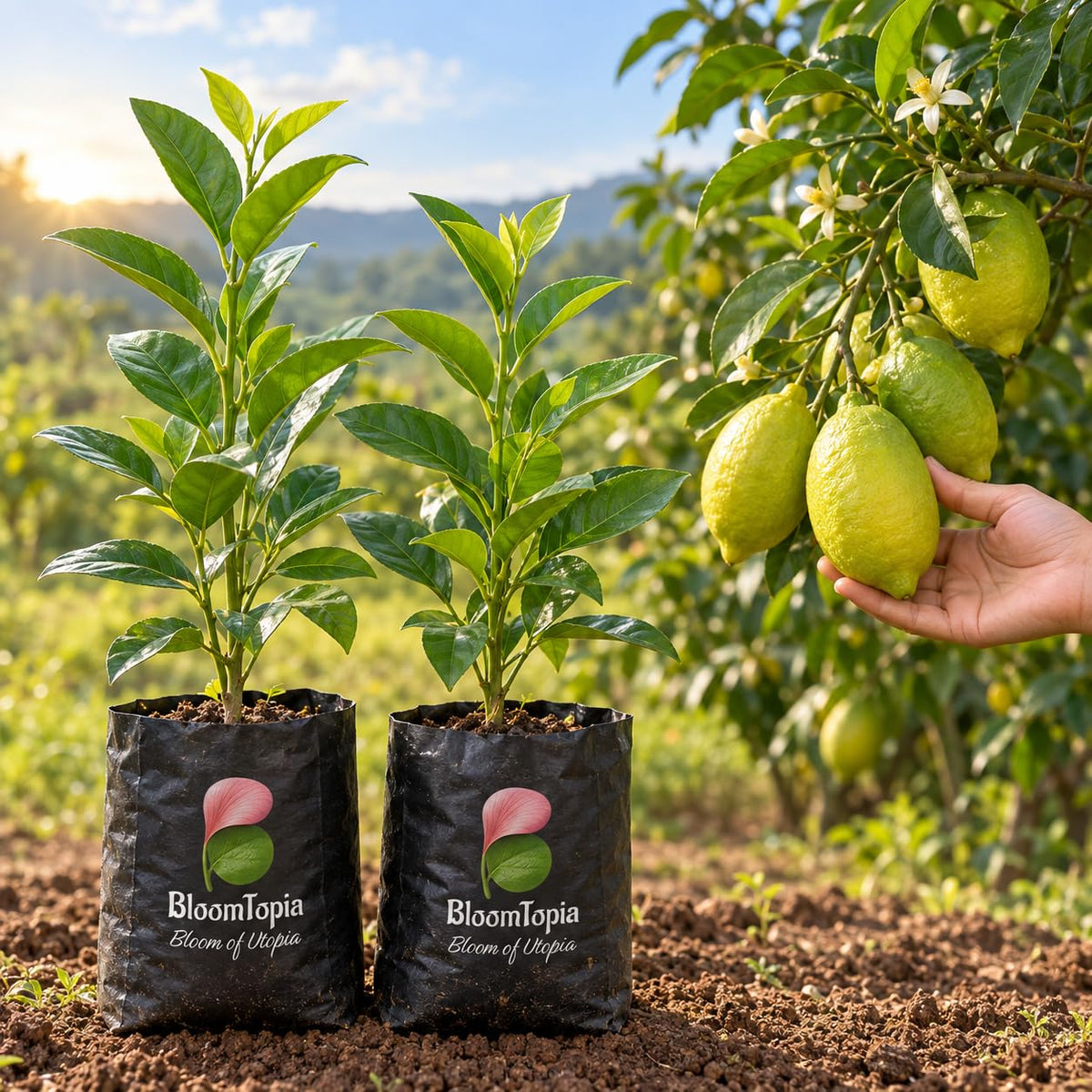 Illustration comparing young Gandharaj Lemon nursery growth with a mature plant.