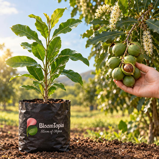 Illustration comparing young Macadamia Nut nursery growth with a mature plant.