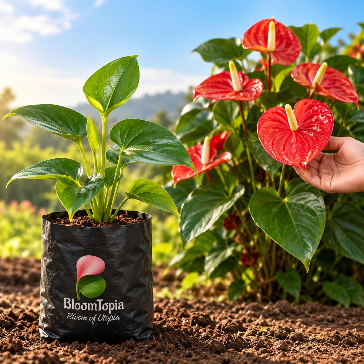 Illustration of a Anthurium Red sapling in a nursery bag beside mature plant growth.