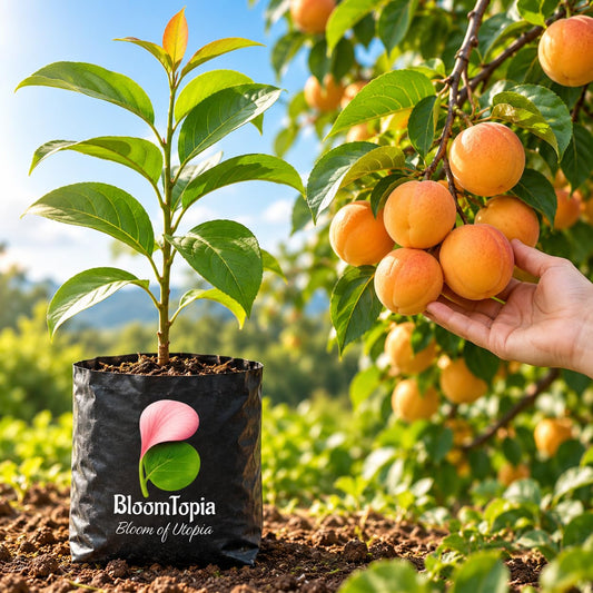 Illustration of a Abiu Fruit sapling in a nursery bag beside mature plant growth.
