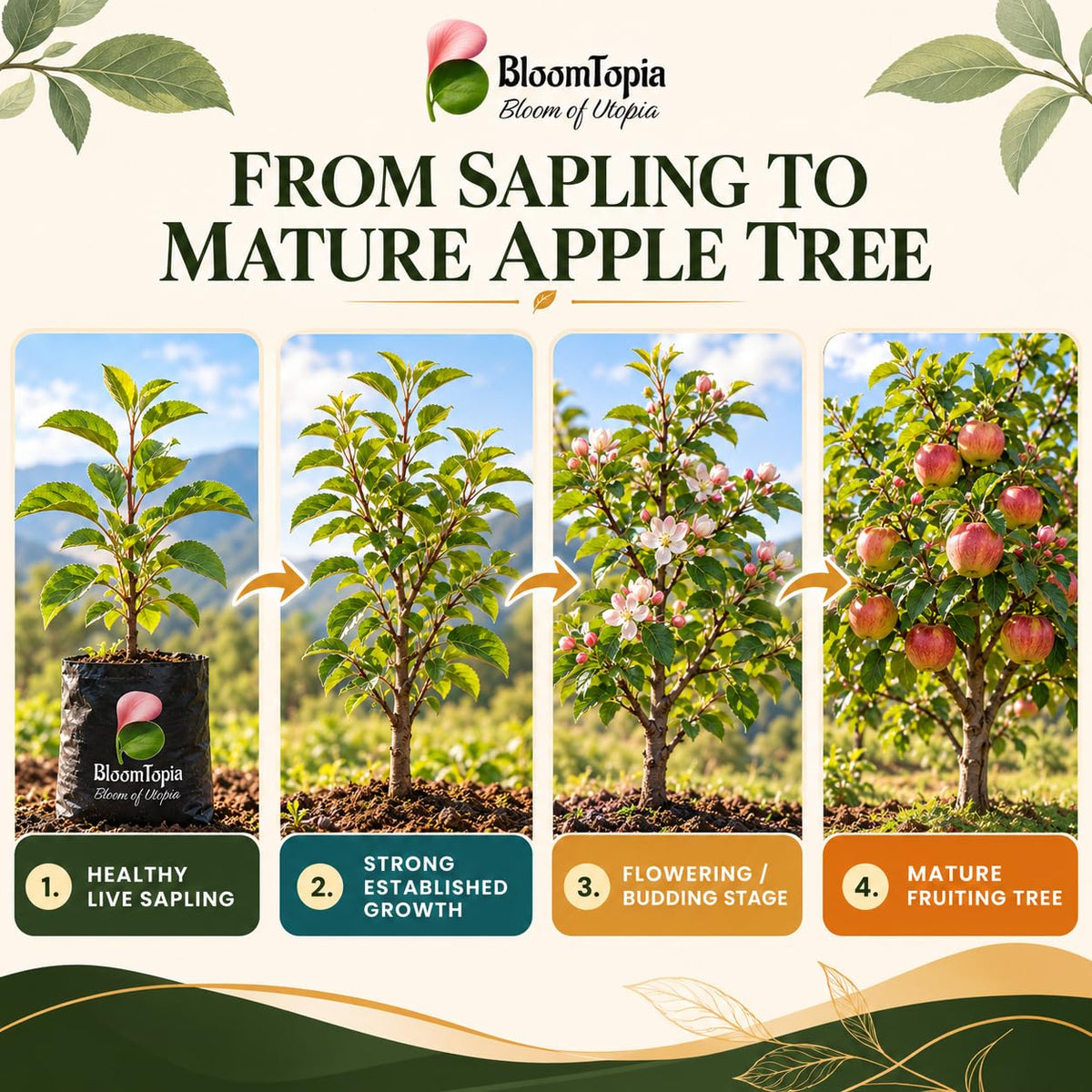Illustrated growth stages for Darjeeling Apple, from young plant to mature growth.
