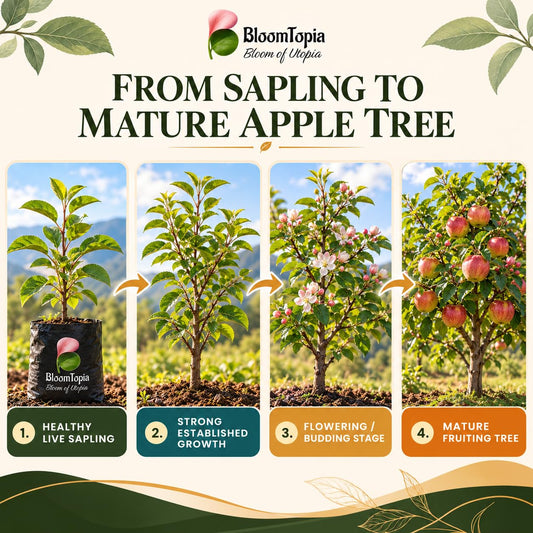 Illustrated growth stages for Darjeeling Apple, from young plant to mature growth.