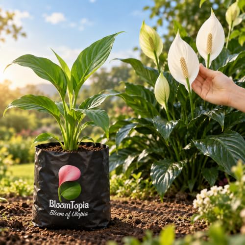Illustration comparing young Peace Lily (Spathiphyllum) nursery growth with a mature plant.