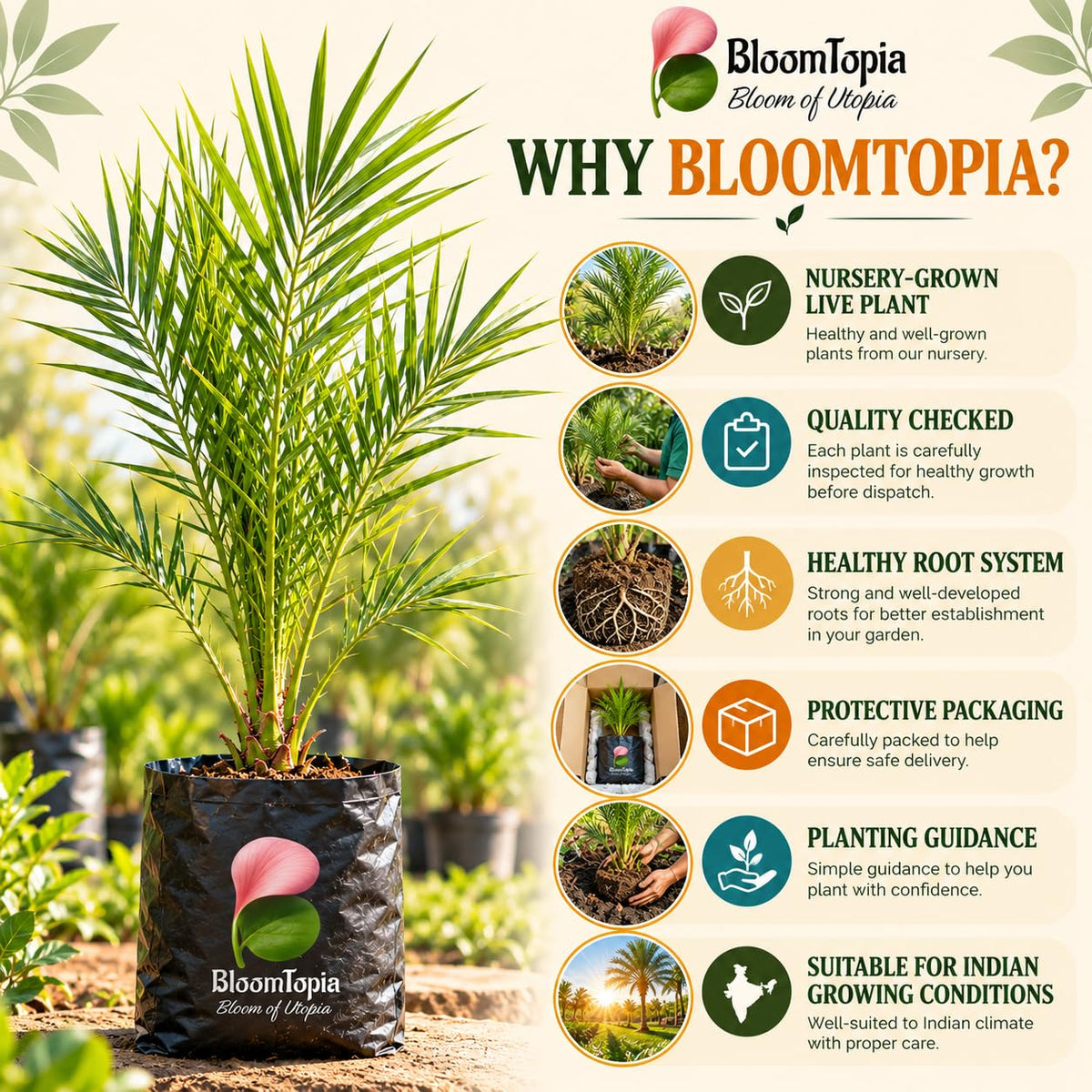 BloomTopia plant-handling and brand-information panel featuring Arabian Date Palm.