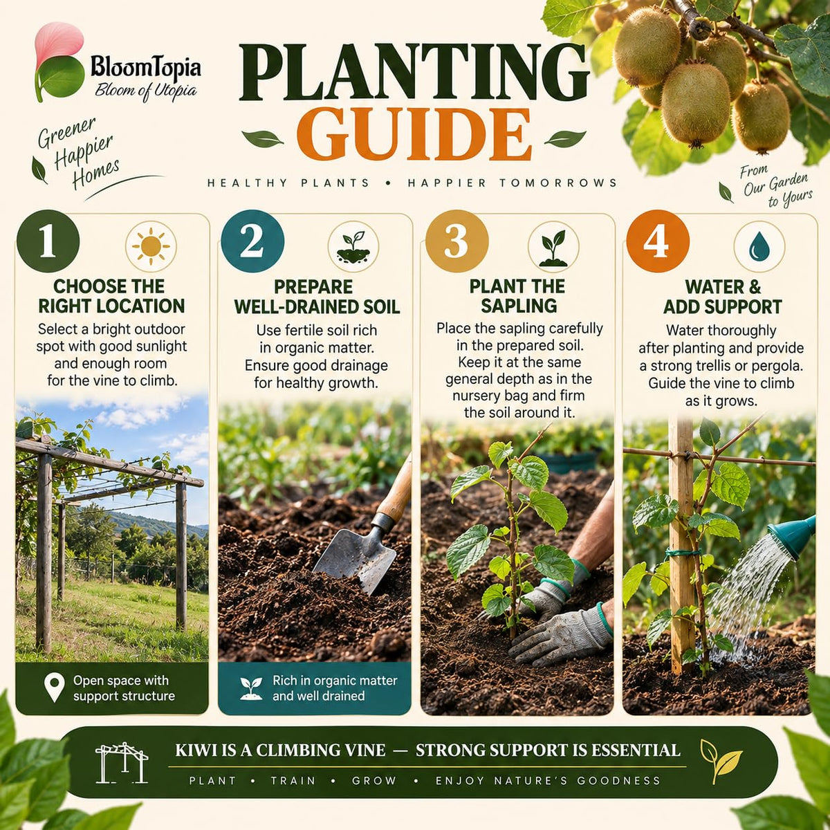 Step-by-step planting illustration for Kiwi Hybrid.