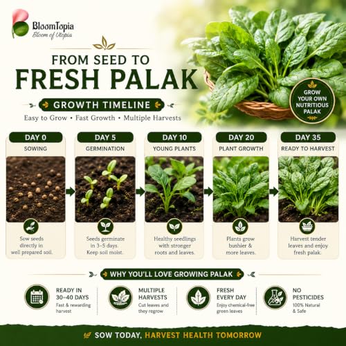 Palak spinach seed-to-harvest growth illustration.