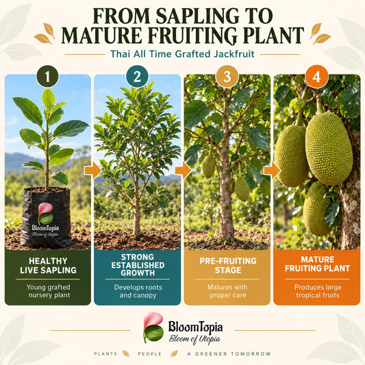 Illustrated growth stages for Thai All Time Grafted Jackfruit, from young plant to mature growth.