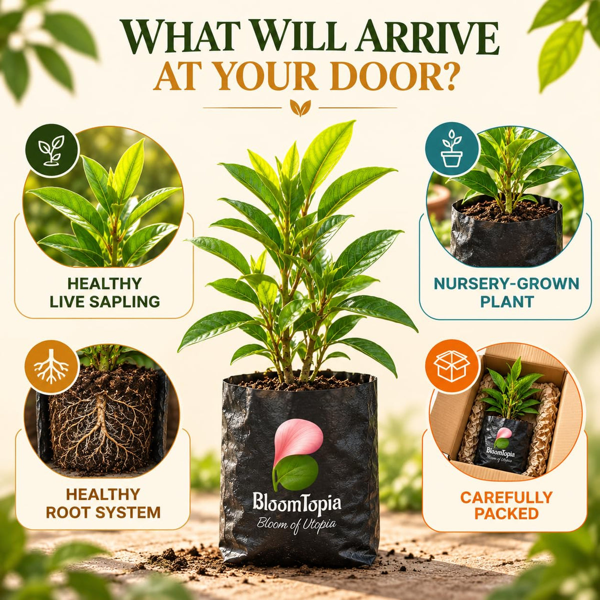 Illustrated plant, root close-ups and pack-presentation panel for Rangan Ixora.
