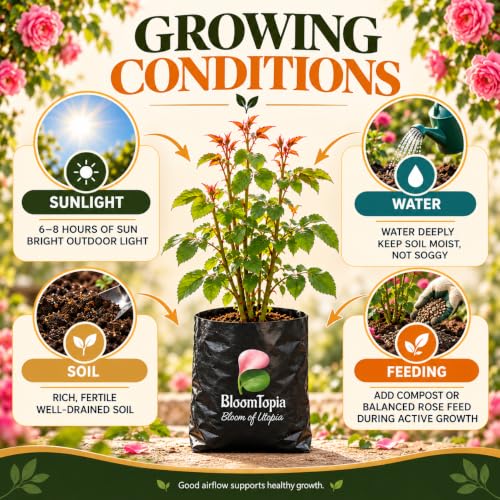 Sunlight, water, soil and feeding guide for Pure Pink Climbing Rose.