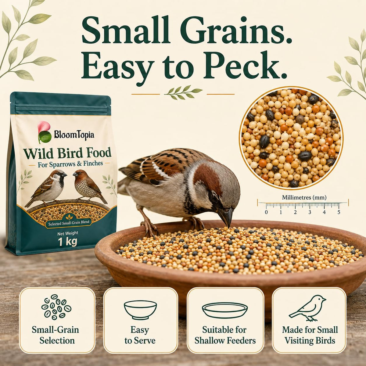 Small grains with birds around a feeding bowl.