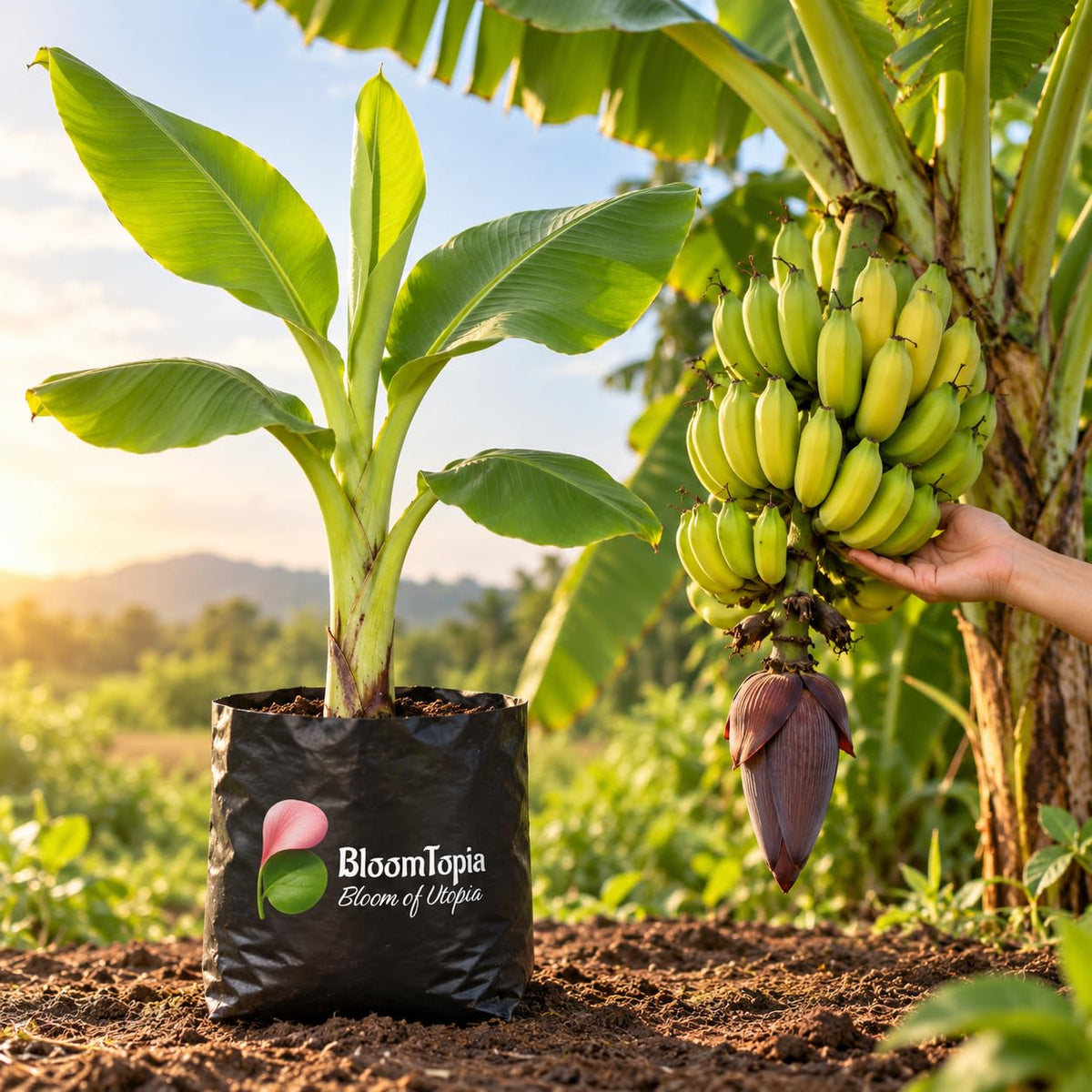 Illustration comparing young Dwarf Banana nursery growth with a mature plant.