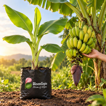 Illustration comparing young Dwarf Banana nursery growth with a mature plant.