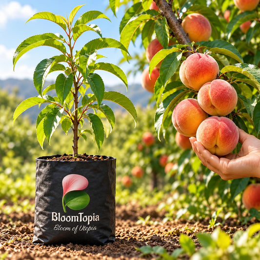 Illustration comparing young Peach nursery growth with a mature plant.