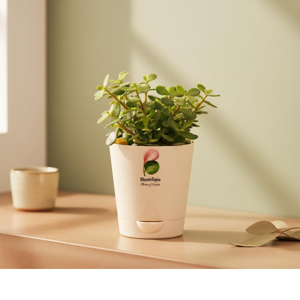 Jade succulent in a branded pot on a bright tabletop.