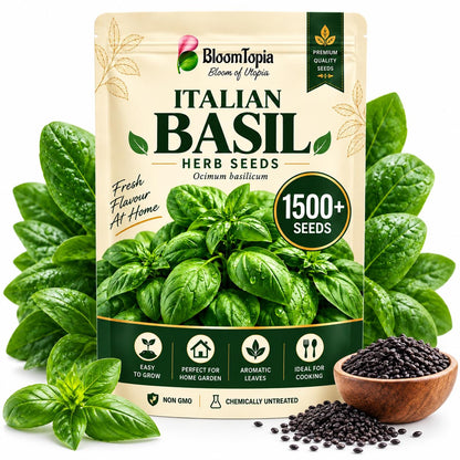 BloomTopia Italian basil seed pouch beside basil foliage and a seedling pot.