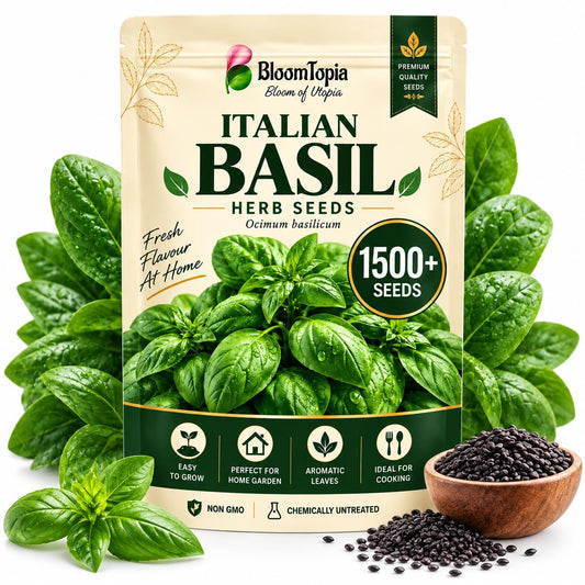 BloomTopia Italian basil seed pouch beside basil foliage and a seedling pot.