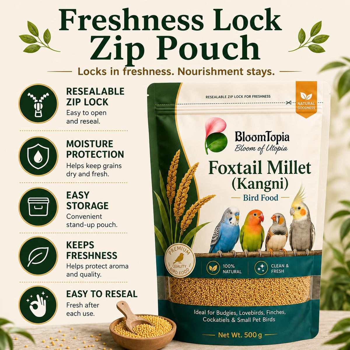 Resealable foxtail millet pouch features illustration.