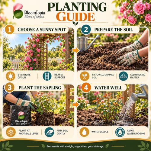Step-by-step planting illustration for Pure Pink Climbing Rose.