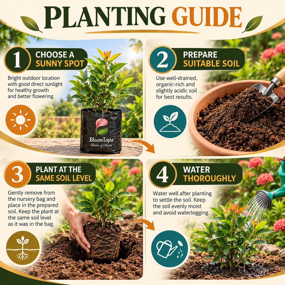 Step-by-step planting illustration for Ixora Rangan Flowering.