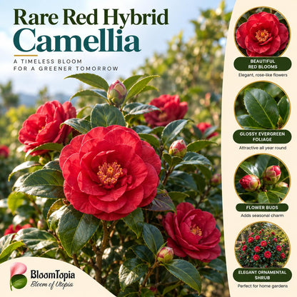 Illustration of mature Rare Red Hybrid Camellia features with variety callouts.