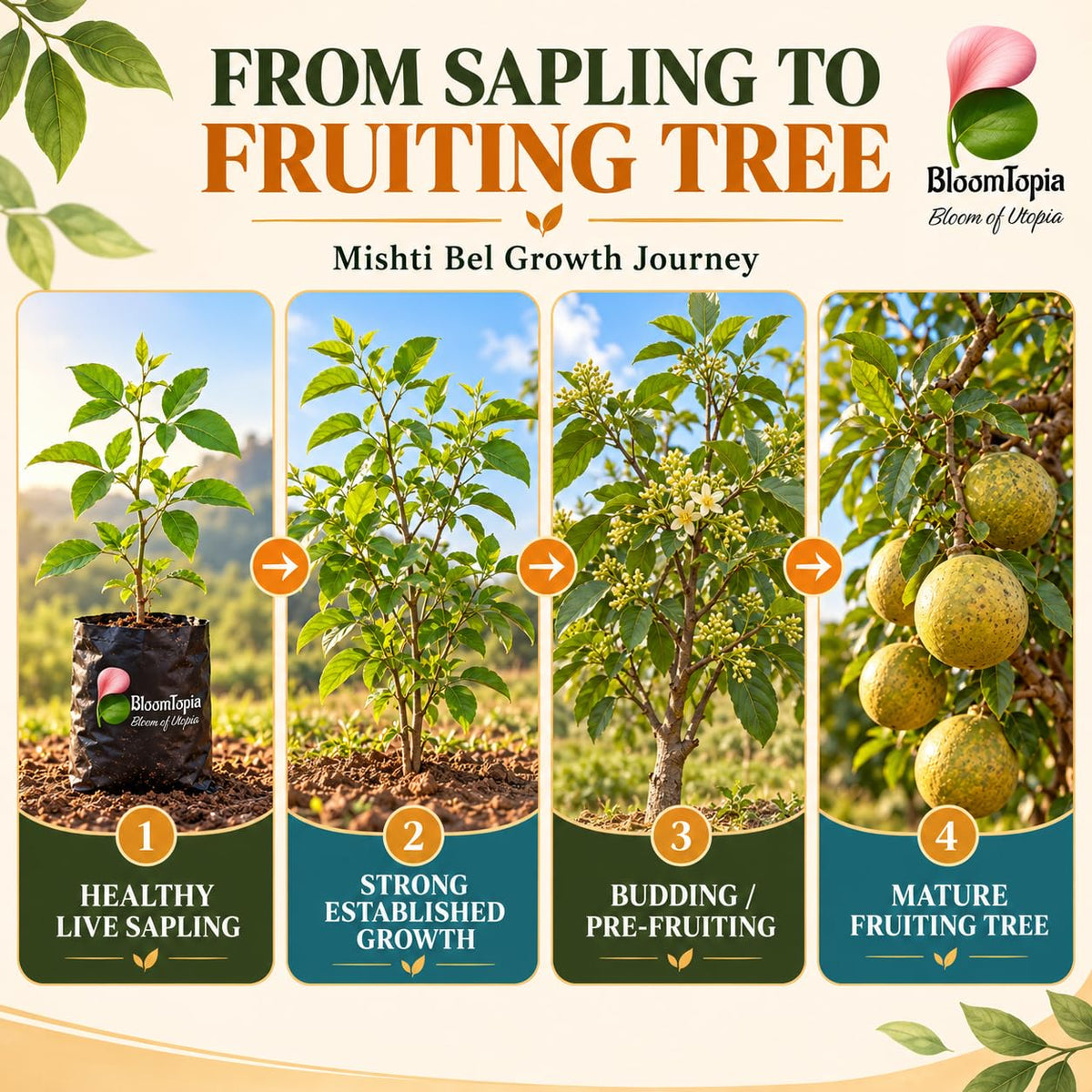 Illustrated growth stages for Mishti Bel, from young plant to mature growth.