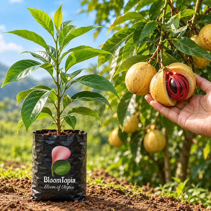 Illustration of a young nutmeg plant beside mature fruit.