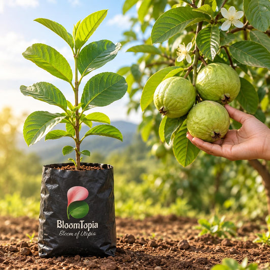Illustration comparing young Traditional Green Guava nursery growth with a mature plant.