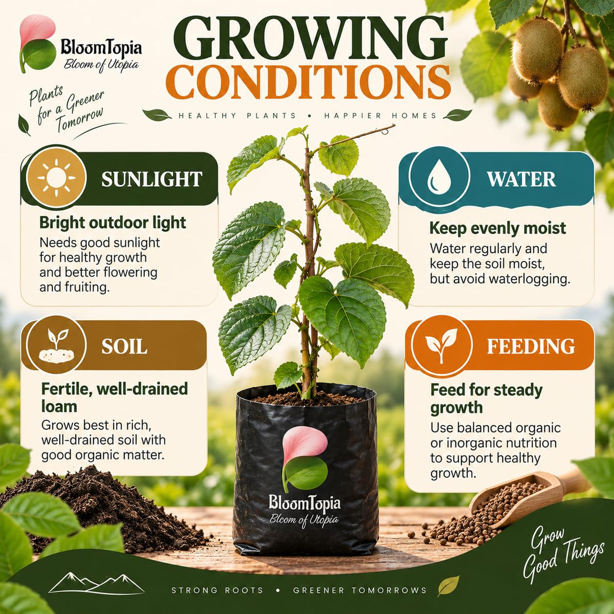 Sunlight, water, soil and feeding guide for Kiwi Hybrid.