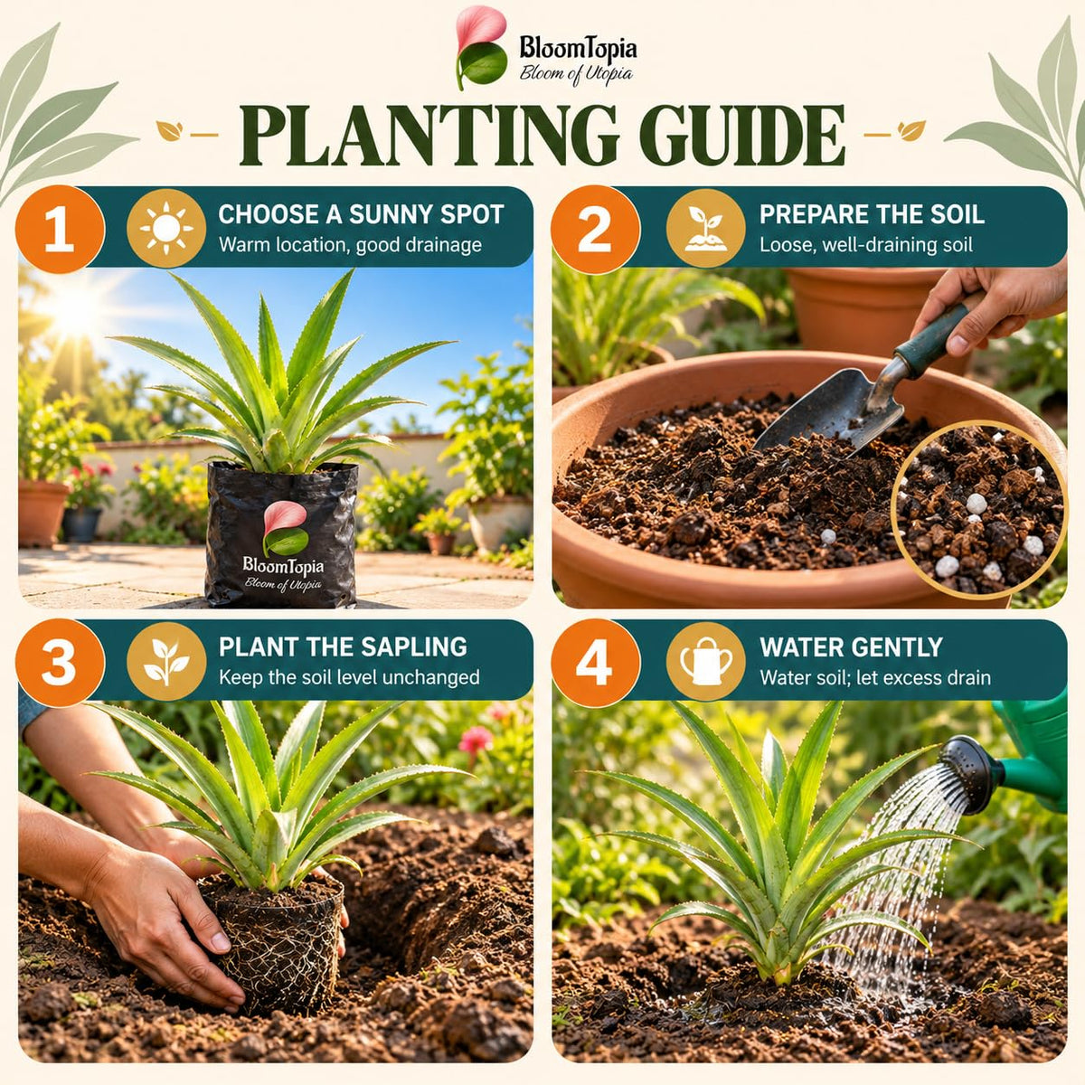 Four-step planting illustration for Pineapple (Ananas).
