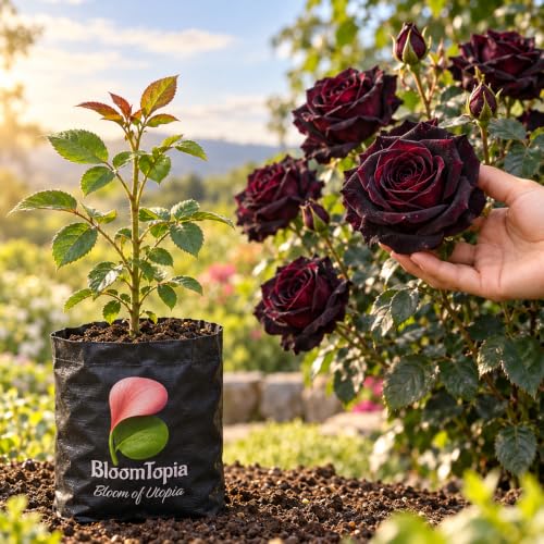 Illustration comparing young Dark Burgundy Rose nursery growth with a mature plant.