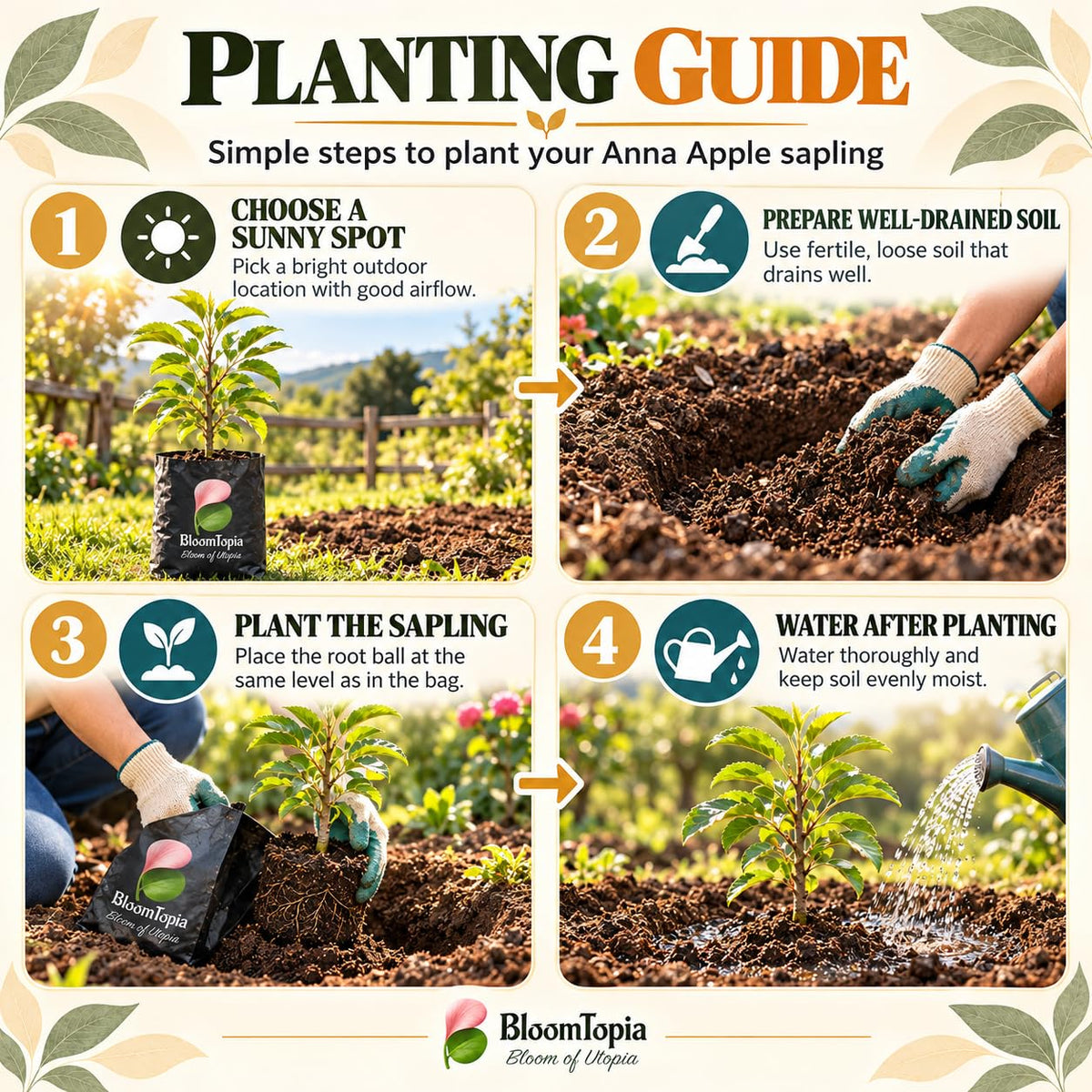 Step-by-step planting illustration for Anna Apple.