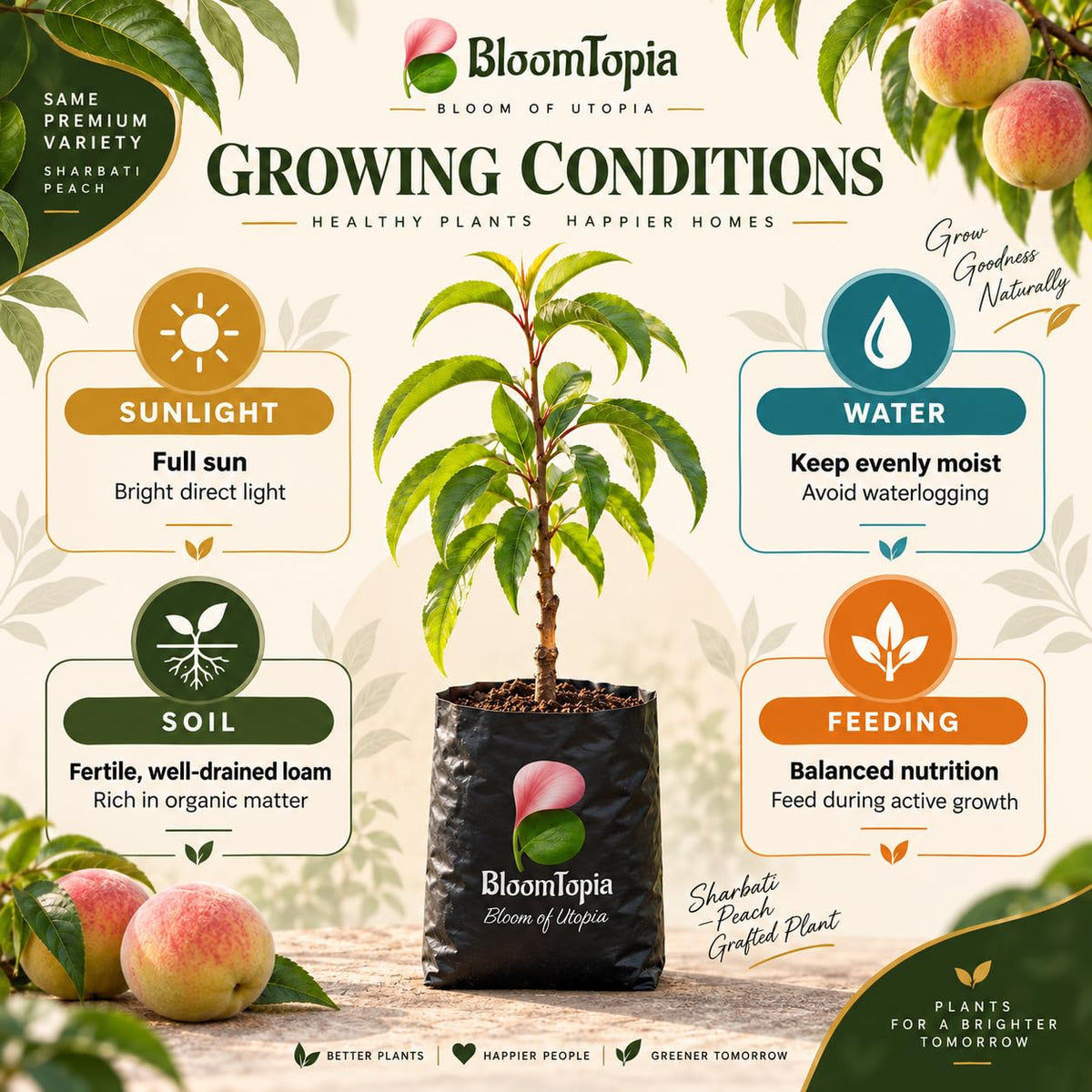 Sunlight, water, soil and feeding guide for Sharbati Peach Grafted.