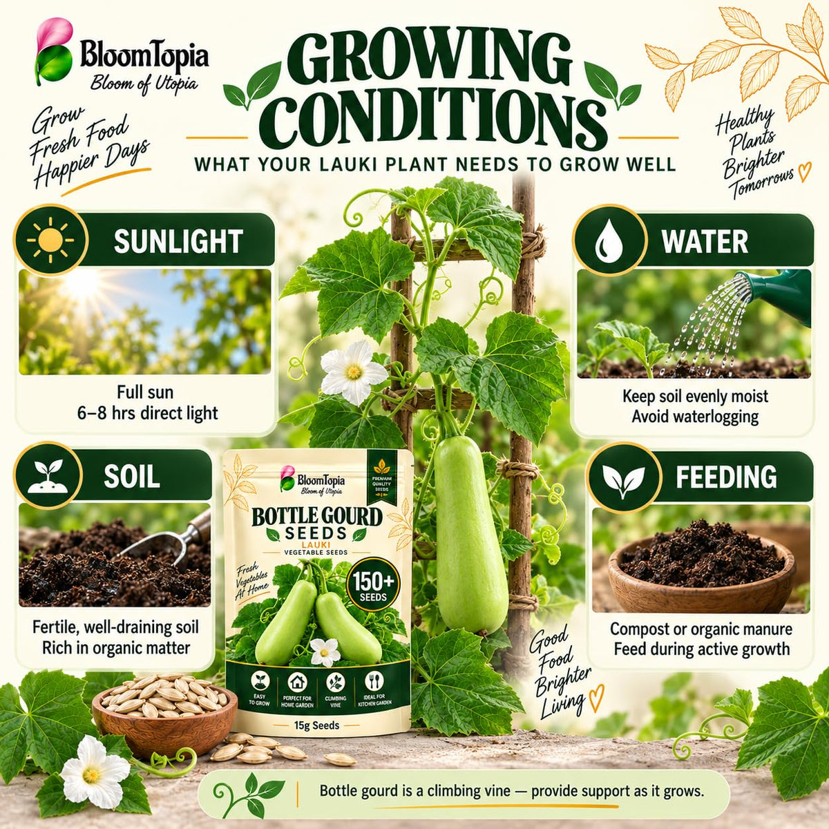 Bottle gourd sunlight, water, soil and feeding guide.