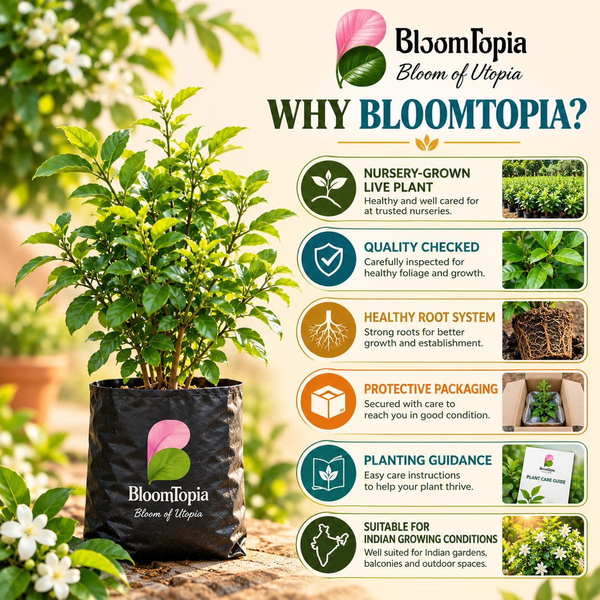 BloomTopia plant-handling and brand-information panel featuring Kamini (Orange Jasmine).