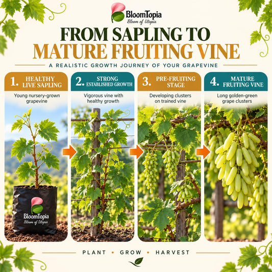 Illustrated growth stages for Golden Green Grape, from young plant to mature growth.