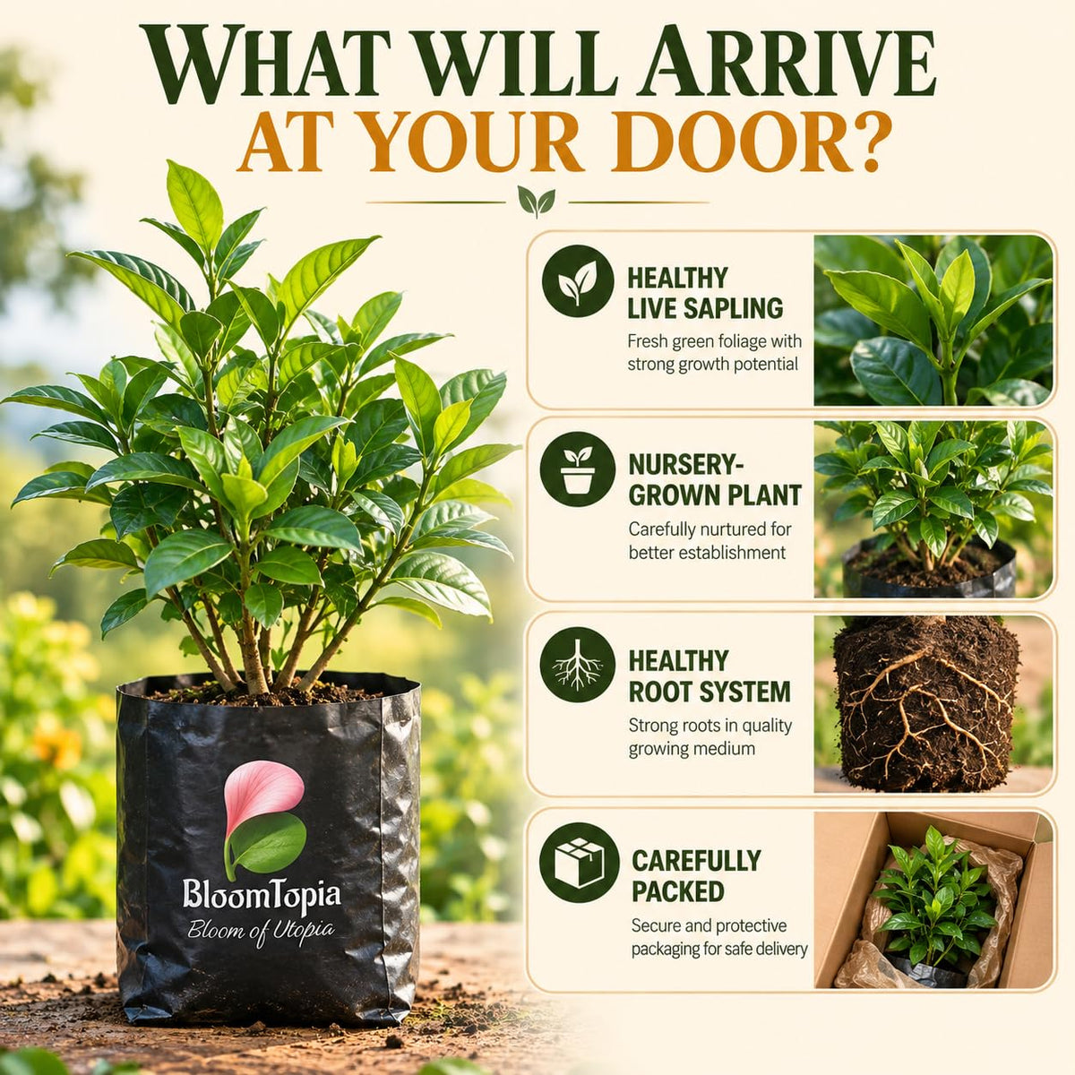 Illustrated plant, root close-ups and pack-presentation panel for Gandharaj Gardenia.
