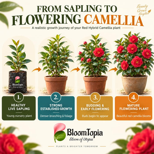 Illustrated growth stages for Rare Red Hybrid Camellia, from young plant to mature growth.