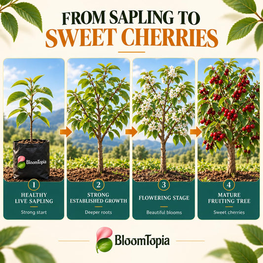 Illustrated growth stages for Sweet Variety Cherry, from young plant to mature growth.