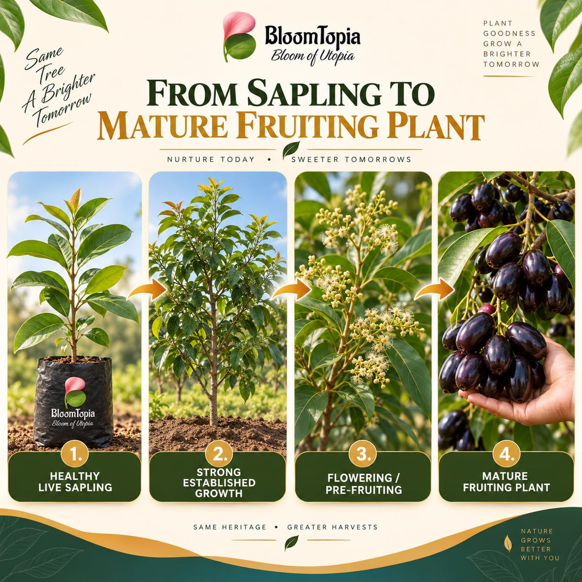Illustrated growth stages for Thai KG 10 Black Jamun, from young plant to mature growth.