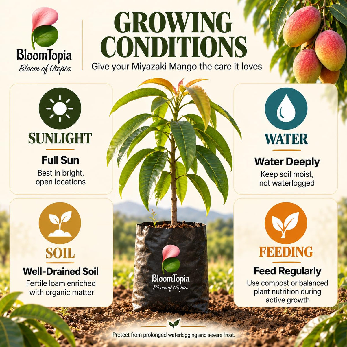 Sunlight, water, soil and feeding guide for Miyazaki Mango.